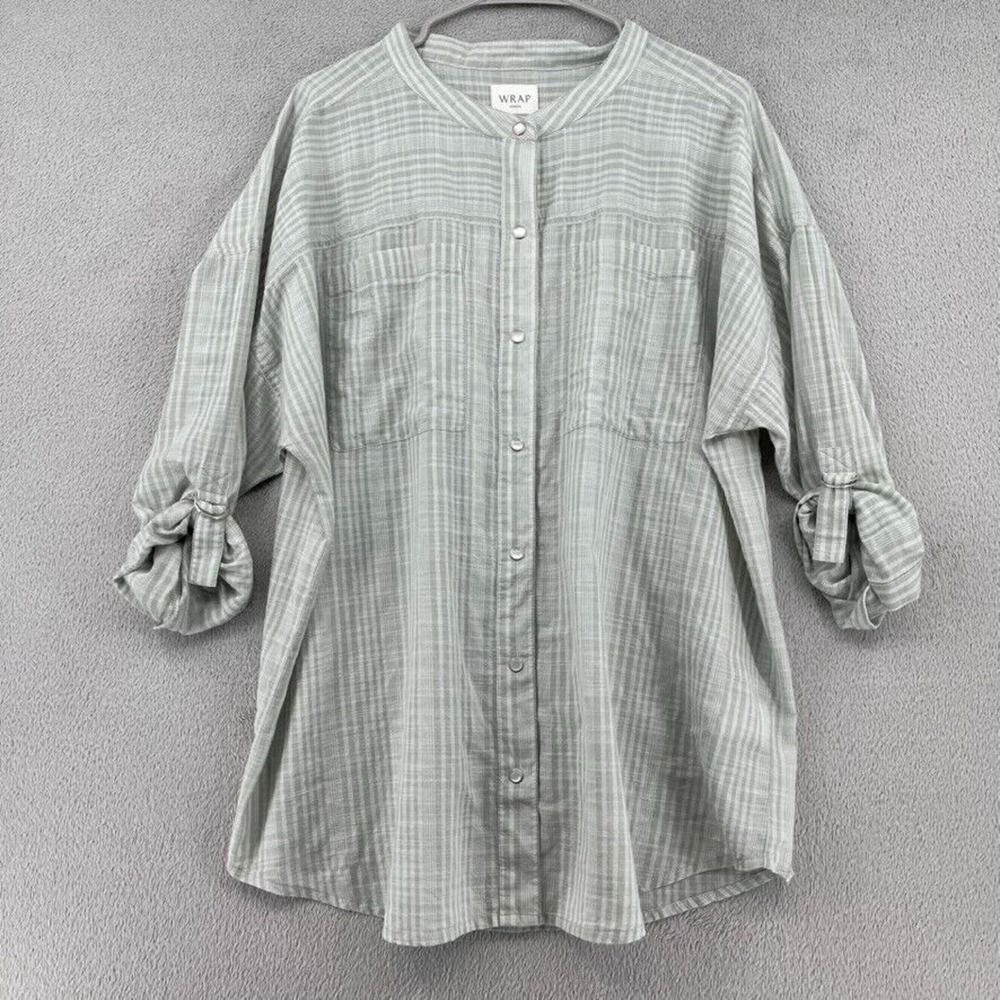 Wrap London Top Womens 12 Green Plaid Pearl Snap Roll Tab Coastal Beach Breezy